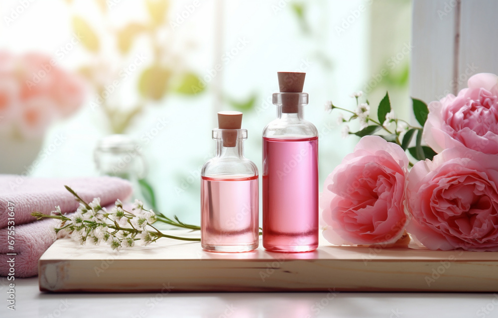 Bottles of essential rose oil and flowers on wooden table Bottles of essential rose oil and flowers on wooden table