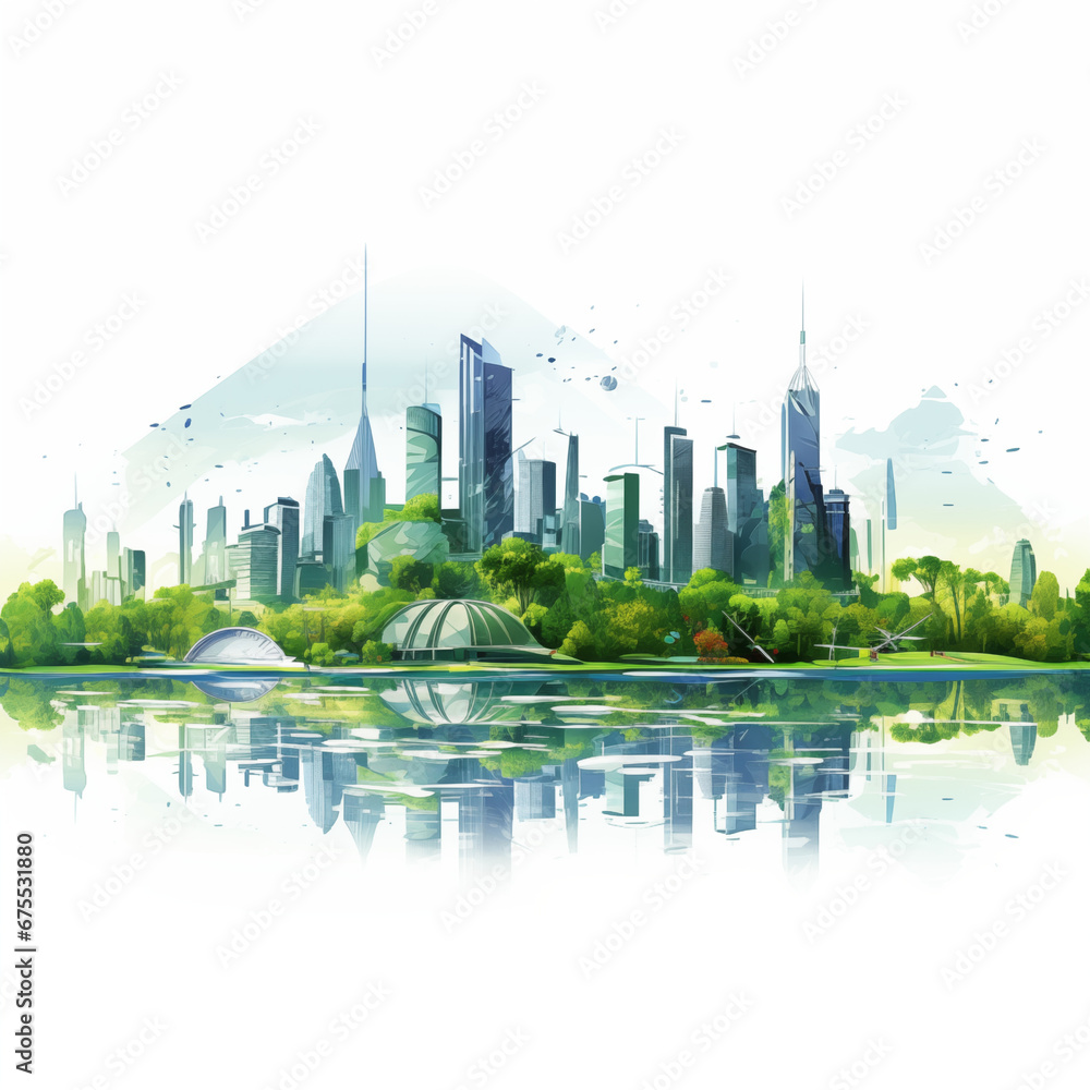 Naklejka premium modern and futuristic green city skyline with a lake and white background