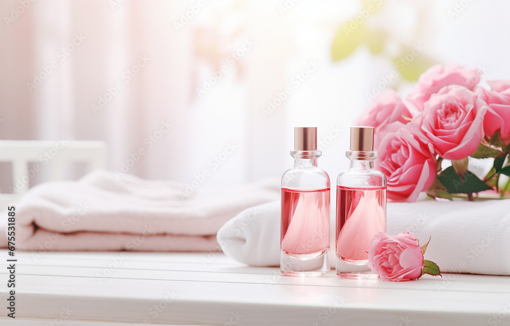 Bottles of essential rose oil and flowers on wooden table