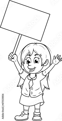 Niña sosteniendo un cartel en blanco en su mano, el letrero tiene espacio para escribir, ilustración vectorial en blanco para pintar.