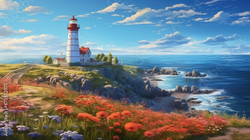  a painting of a lighthouse on top of a cliff by the ocean with wildflowers in the foreground. generative ai