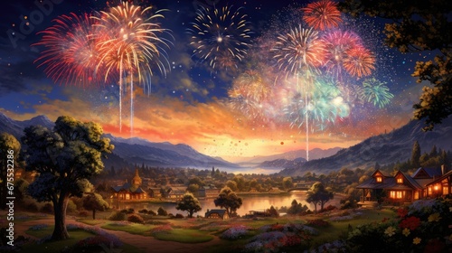  a painting of fireworks in the sky over a lake with houses and trees in the foreground and mountains in the background. generative ai