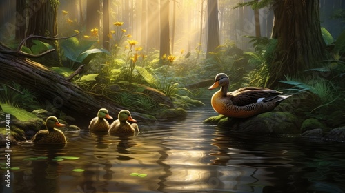  a group of ducks floating on top of a river next to a forest filled with lots of green plants and trees. generative ai