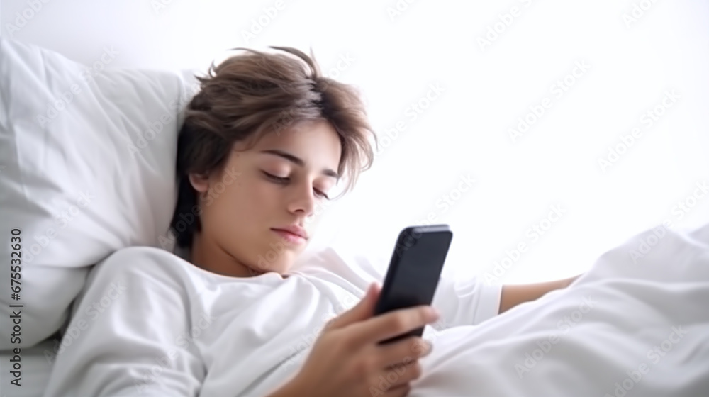 teenager reads, writes sms messages or playing games on his cell phone while lying in bed instead of sleeping teenager reads, writes sms messages or playing games on his cell phone while lying in bed instead of sleeping