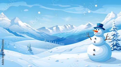 An illustration of a joyful snowman against a serene snowy mountain landscape, radiating winter magic. © Jan
