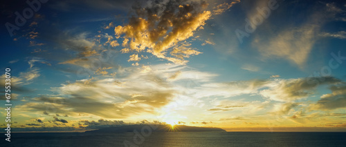 Panoramic sunset over La Gomera islands, Canaries, Spain