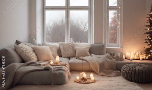 Cozy atmosphere of a home holiday. Home interior in light colors. Stylish contemporary minimalistic design. Cozy and minimalist apartment interior inspired by Scandinavian design at Christmas eve.