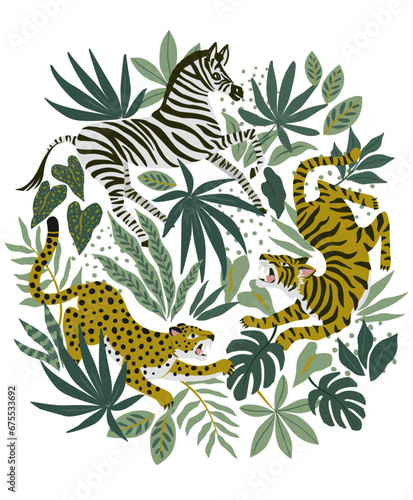 Tiger, leopard and zebra on tropical background. Safari animal print. Fashionable fabric design.