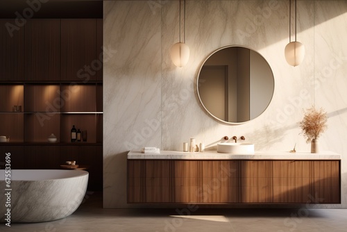 Photo of a Marble Bathroom with a Wooden Counter Illuminated by Sunlight coming from a Big Windw. Luxurious Circular Mirror in the middle of the Room.
