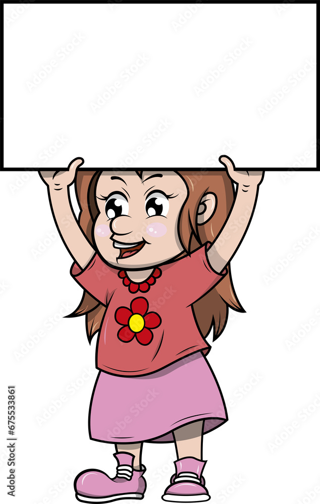 Ilustración vectorial de una niña sosteniendo un letrero en blanco sobre su cabeza, el letrero tiene espacio para escribir un mensaje. Ilustración vectorial de una niña sosteniendo un letrero en blanco sobre su cabeza, el letrero tiene espacio para escribir un mensaje.