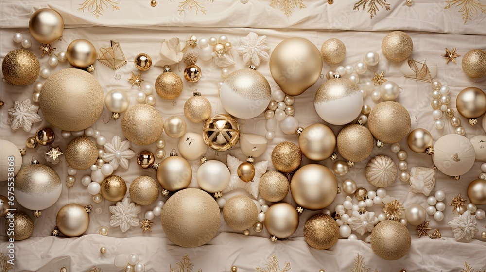 a bunch of gold and white ornaments on a white table cloth with snowflakes and snowflakes on it. generative ai a bunch of gold and white ornaments on a white table cloth with snowflakes and snowflakes on it. generative ai