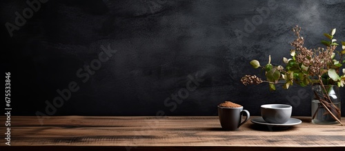 The black grunge background with its textured wood table creates a cozy and inviting space at the organic cafe where customers can enjoy a delicious breakfast accompanied by a steaming cup o