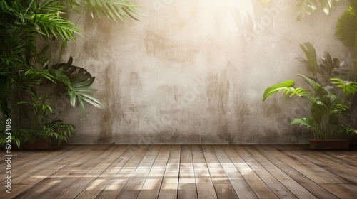 Photo of an Empty Room with a Few Plants on the Side Leaving space to the Wooden Wall and Concrete Floor.