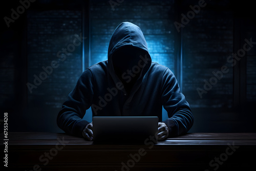 Hacker with a hoodie on sitting in front of a laptop in a dark room