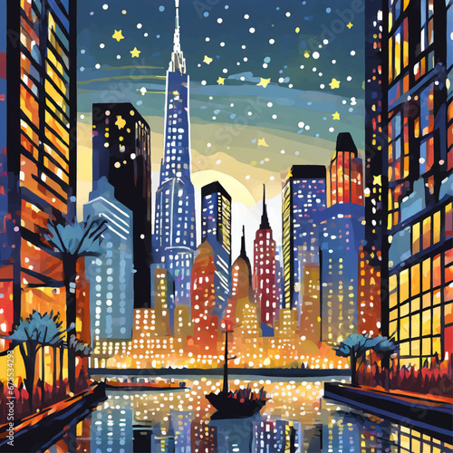 new York vector new year holiday and winter night with snow and city lights with stars