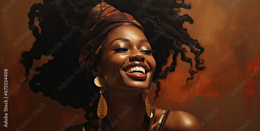 primer plano de mujer de color sonriente con rastas en el pelo sobre fondo marrón - obrazy, fototapety, plakaty 