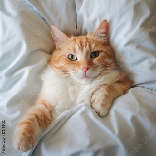 A Cutie Kitten Lying Down in the White Blankets of a Tempting Light Bed. Comfort. Feline Sleeping.  photo