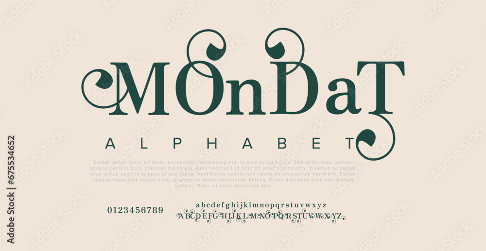MONDAT premium luxury elegant alphabet letters and numbers. Elegant wedding typography classic serif font decorative vintage retro. Creative vector illustration - obrazy, fototapety, plakaty 