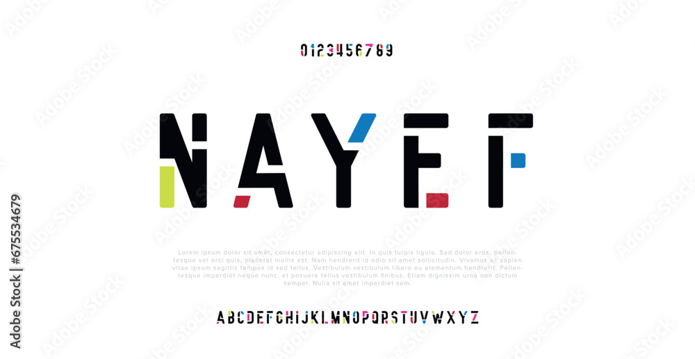 NAYEF Modern minimal abstract alphabet fonts. Typography technology, electronic, movie, digital, music, future, logo creative font. vector illustration NAYEF Modern minimal abstract alphabet fonts. Typography technology, electronic, movie, digital, music, future, logo creative font. vector illustration