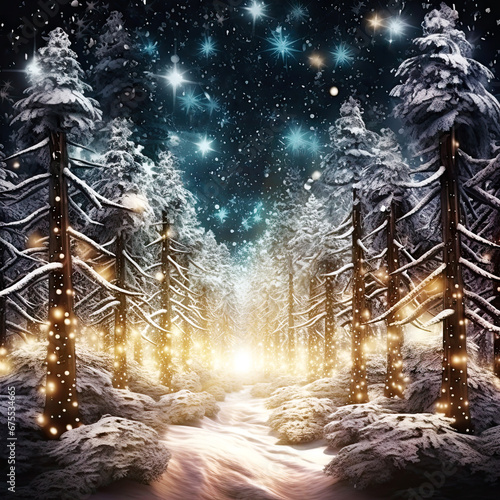 Christmas winter landscape at night with fir trees, stars and lights. New Year seasonal background.