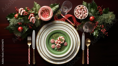  a christmas table setting with candy canes, candy canes, candy canes, and candy canes. generative ai