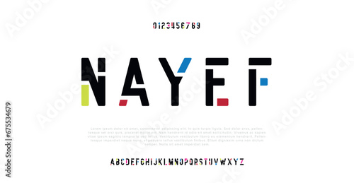 NAYEF Modern minimal abstract alphabet fonts. Typography technology, electronic, movie, digital, music, future, logo creative font. vector illustration