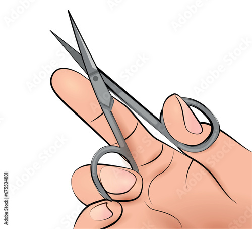 Illustration of a hand how to hold scissors correctly for a professional manicure in vector