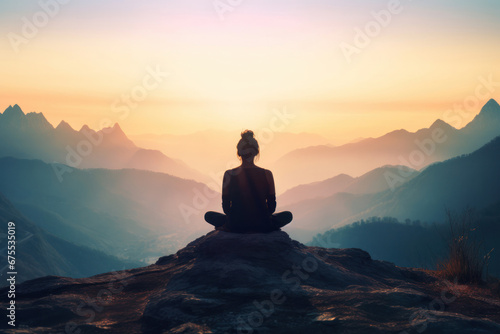 A silhouette of a woman meditating on a mountaintop during sunset. The serene landscape reveals a gradient sky and layers of distant mountains.