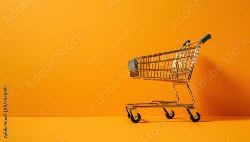 An empty shopping cart against a yellow-orange background with negative space as copy space.