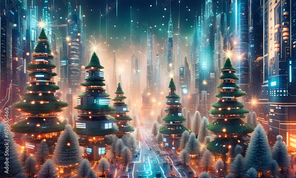 Christmas Tree of Electronic Computer Board Photorealistic Illustration. 3d Illustration. Copy Space