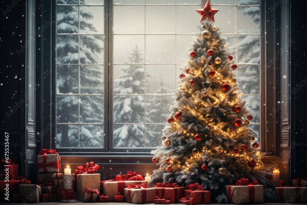  Christmas tree near the window, Christmas background, New Year background. Generative AI