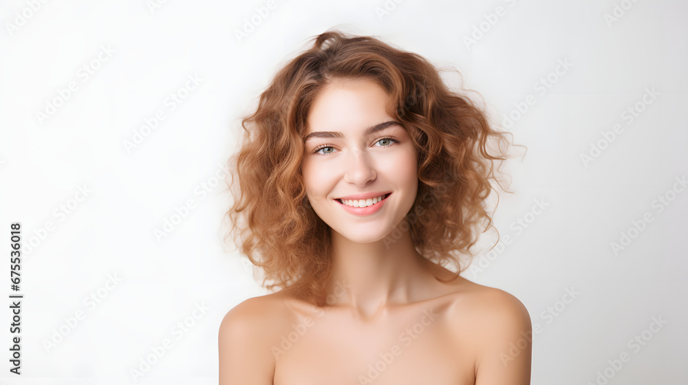 Portrait of authentic happy woman without makeup, smiling at camera, standing cute against white background. Portrait of authentic happy woman without makeup, smiling at camera, standing cute against white background.