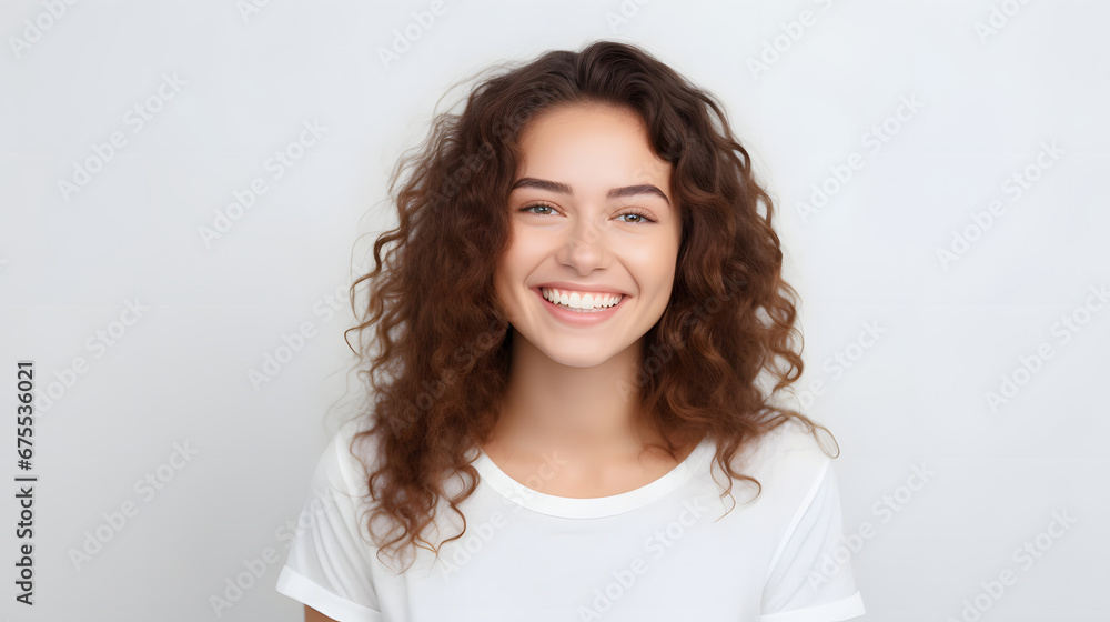 Portrait of authentic happy woman without makeup, smiling at camera, standing cute against white background. Portrait of authentic happy woman without makeup, smiling at camera, standing cute against white background.