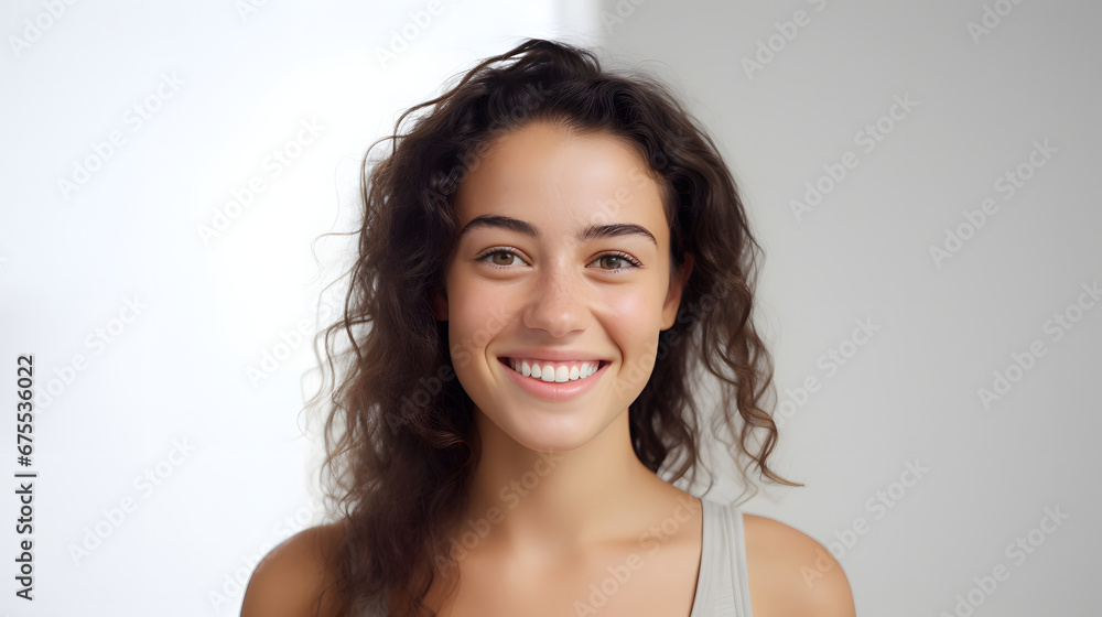 Portrait of authentic happy woman without makeup, smiling at camera, standing cute against white background. Portrait of authentic happy woman without makeup, smiling at camera, standing cute against white background.