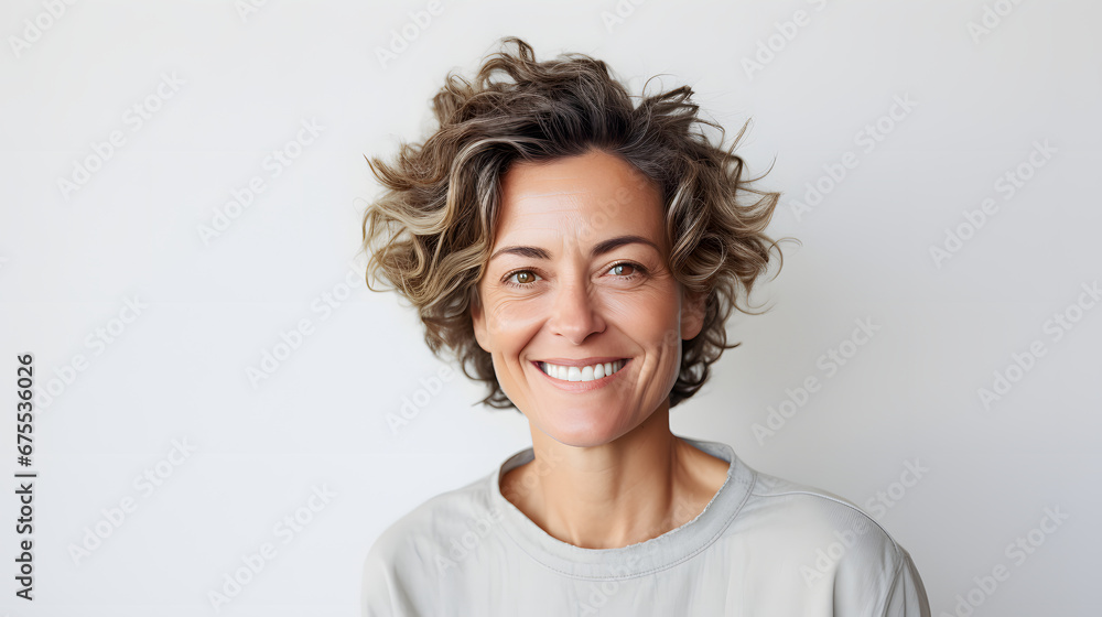 Portrait of authentic happy woman without makeup, smiling at camera, standing cute against white background. Portrait of authentic happy woman without makeup, smiling at camera, standing cute against white background.