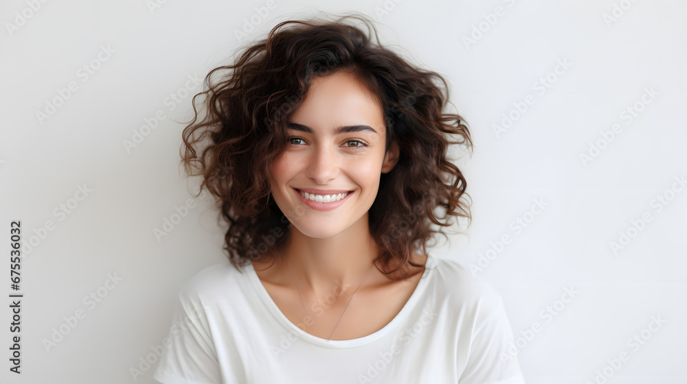 Portrait of authentic happy woman without makeup, smiling at camera, standing cute against white background. Portrait of authentic happy woman without makeup, smiling at camera, standing cute against white background.