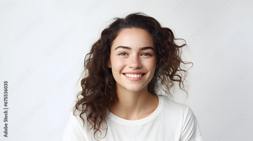 Portrait of authentic happy woman without makeup, smiling at camera, standing cute against white background. Portrait of authentic happy woman without makeup, smiling at camera, standing cute against white background.