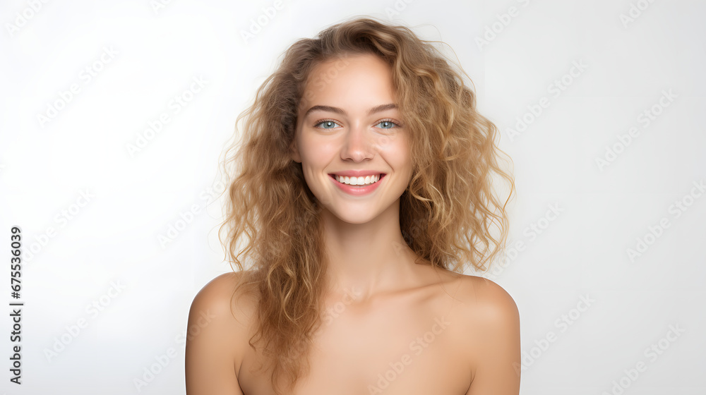Portrait of authentic happy woman without makeup, smiling at camera, standing cute against white background. Portrait of authentic happy woman without makeup, smiling at camera, standing cute against white background.