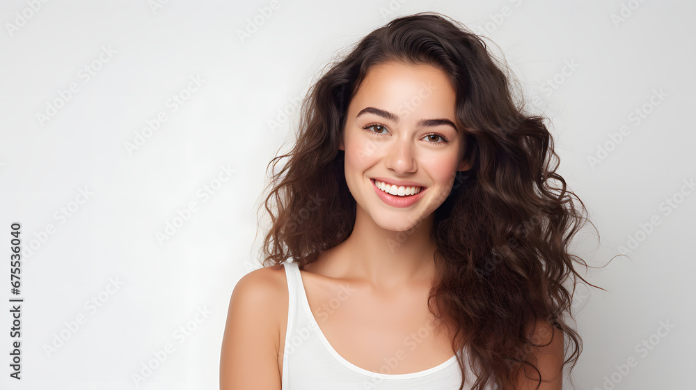 Portrait of authentic happy woman without makeup, smiling at camera, standing cute against white background. Portrait of authentic happy woman without makeup, smiling at camera, standing cute against white background.