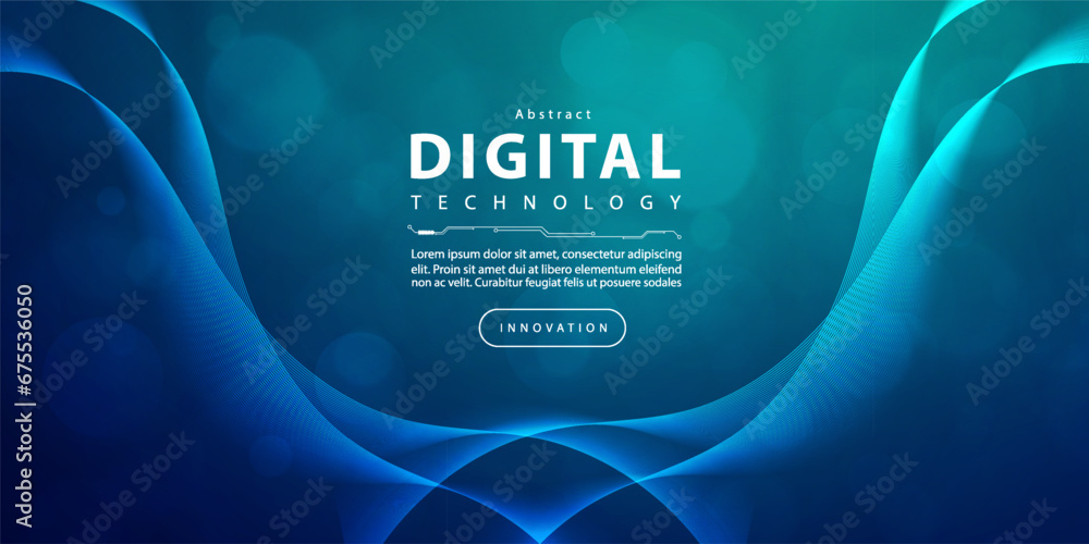 Digital technology Ai big data blue green background, cyber nano information, abstract communication, innovation future tech data, internet network speed connection lines dots, illustration vector 3d - obrazy, fototapety, plakaty 