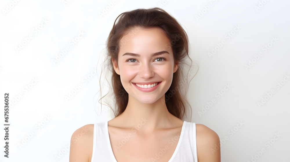 Portrait of authentic happy woman without makeup, smiling at camera, standing cute against white background. Portrait of authentic happy woman without makeup, smiling at camera, standing cute against white background.