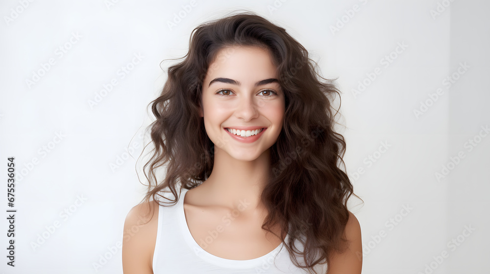 Portrait of authentic happy woman without makeup, smiling at camera, standing cute against white background. Portrait of authentic happy woman without makeup, smiling at camera, standing cute against white background.