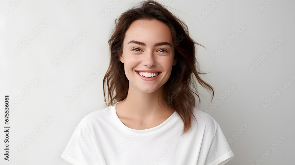 Portrait of authentic happy woman without makeup, smiling at camera, standing cute against white background. Portrait of authentic happy woman without makeup, smiling at camera, standing cute against white background.