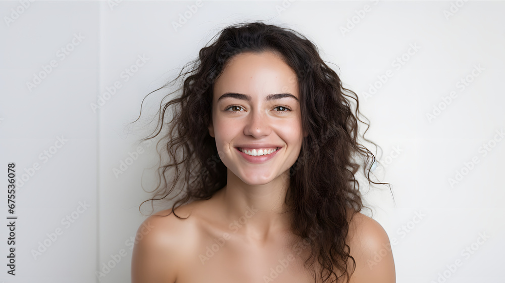 Portrait of authentic happy woman without makeup, smiling at camera, standing cute against white background. Portrait of authentic happy woman without makeup, smiling at camera, standing cute against white background.