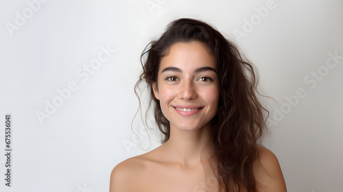 Portrait of authentic happy woman without makeup, smiling at camera, standing cute against white background.