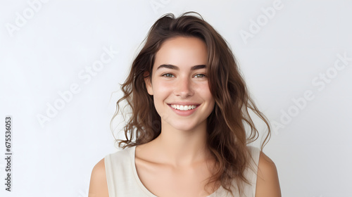 Portrait of authentic happy woman without makeup, smiling at camera, standing cute against white background.