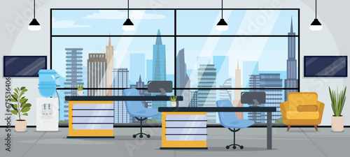 Vector illustration of a beautiful office interior. A cartoon scene of a modern office with desks, computers, flower pots, a water cooler, TVs, a chair, a window with silhouettes of buildings.