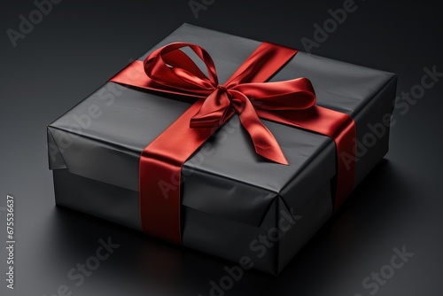 black gift box with red ribbon, Black Friday. Generative AI