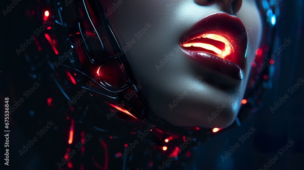 Fototapeta premium futuristic fantasy woman in neon cyberpunk glow portrait, future sci fi concept