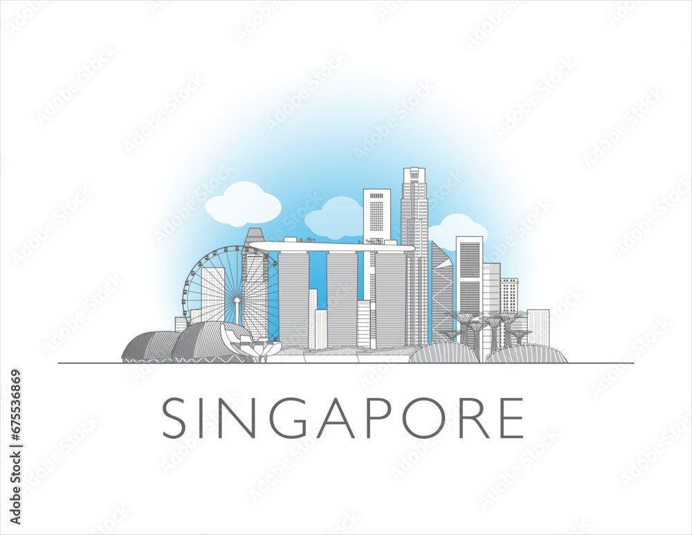 Singapore cityscape line art style vector illustration